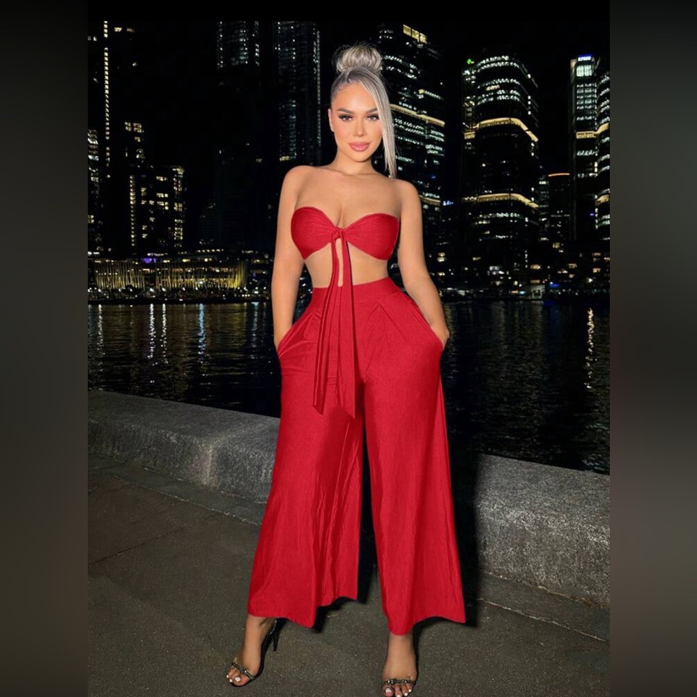 SXY Women's Front-tie Bandeau
Top And Wide Leg Pants Set